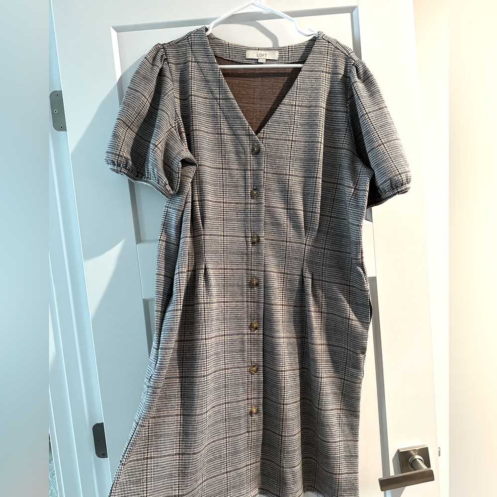 Loft Tan, Brown, Black Plaid Dress